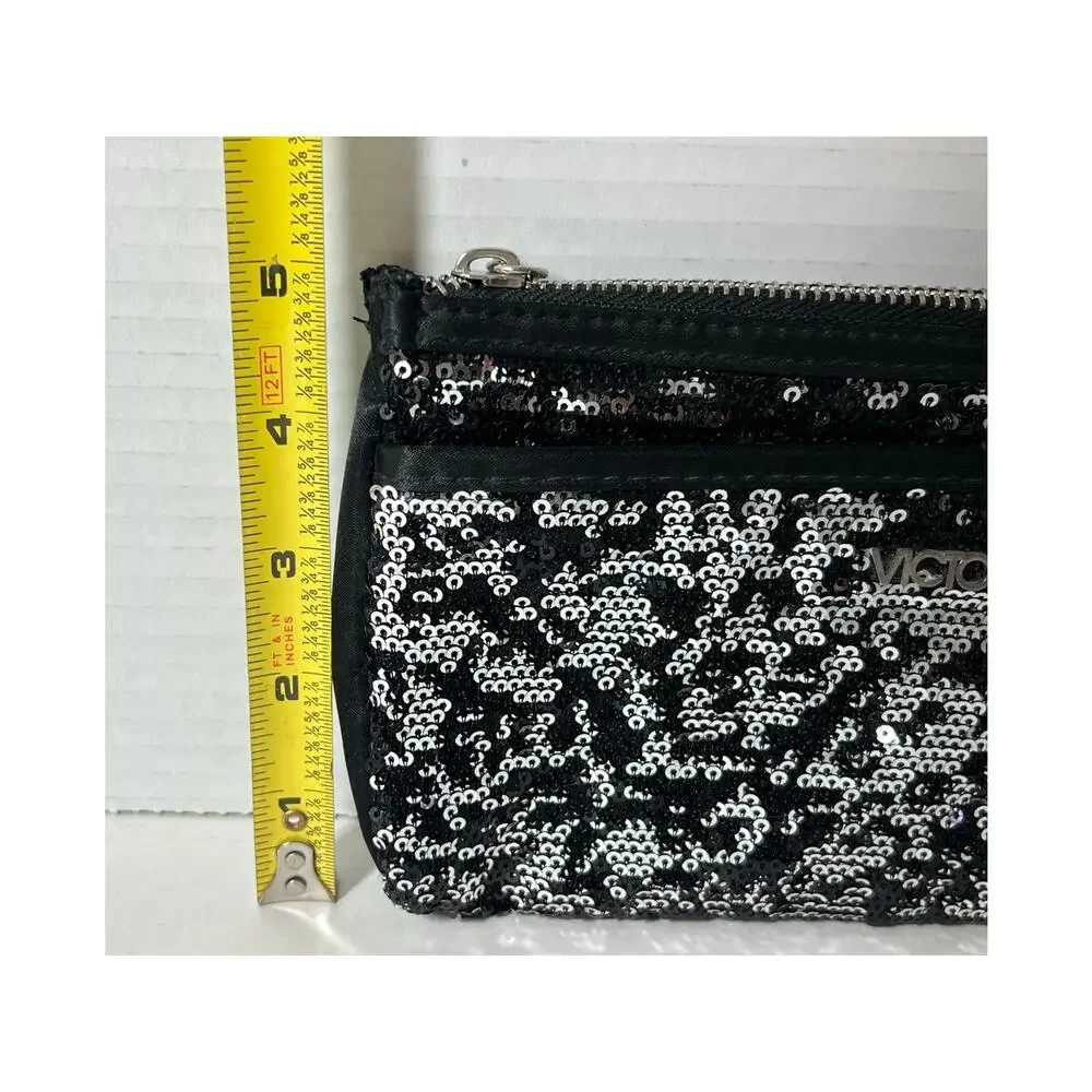 Victoria's Secret Black Sequins Elegant Clutch Purse Makeup Bag Zipper Pouch